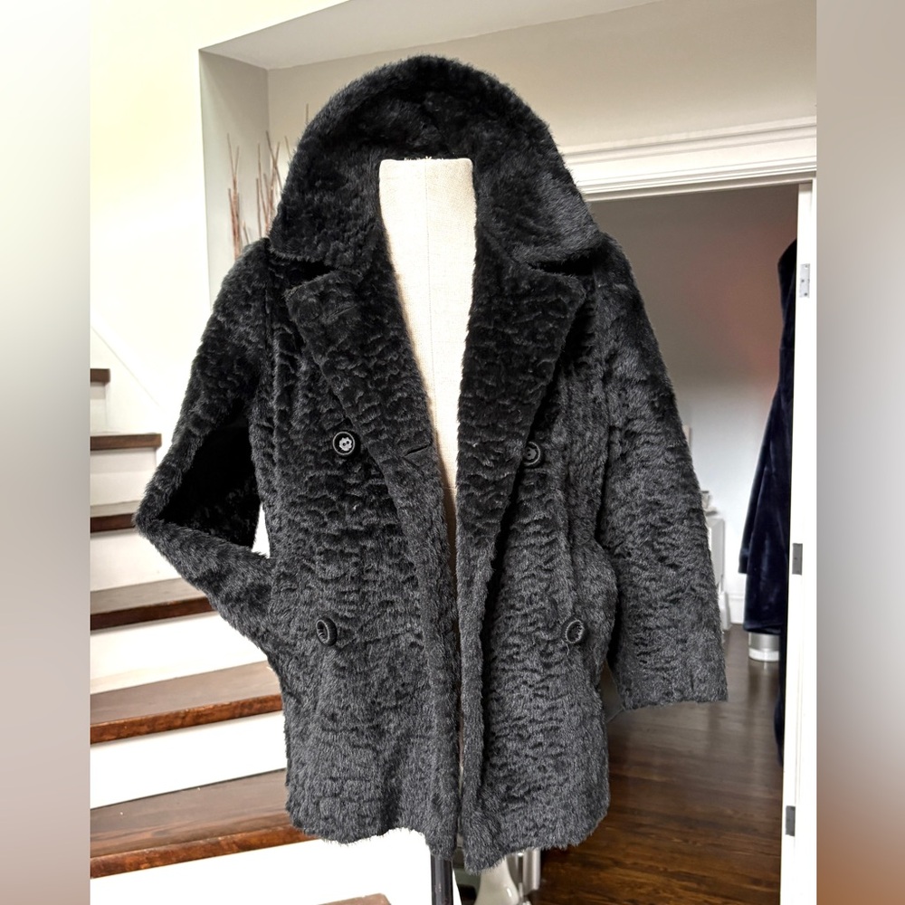 Vintage 60’s Black Faux Fur textured retro Pea Coat